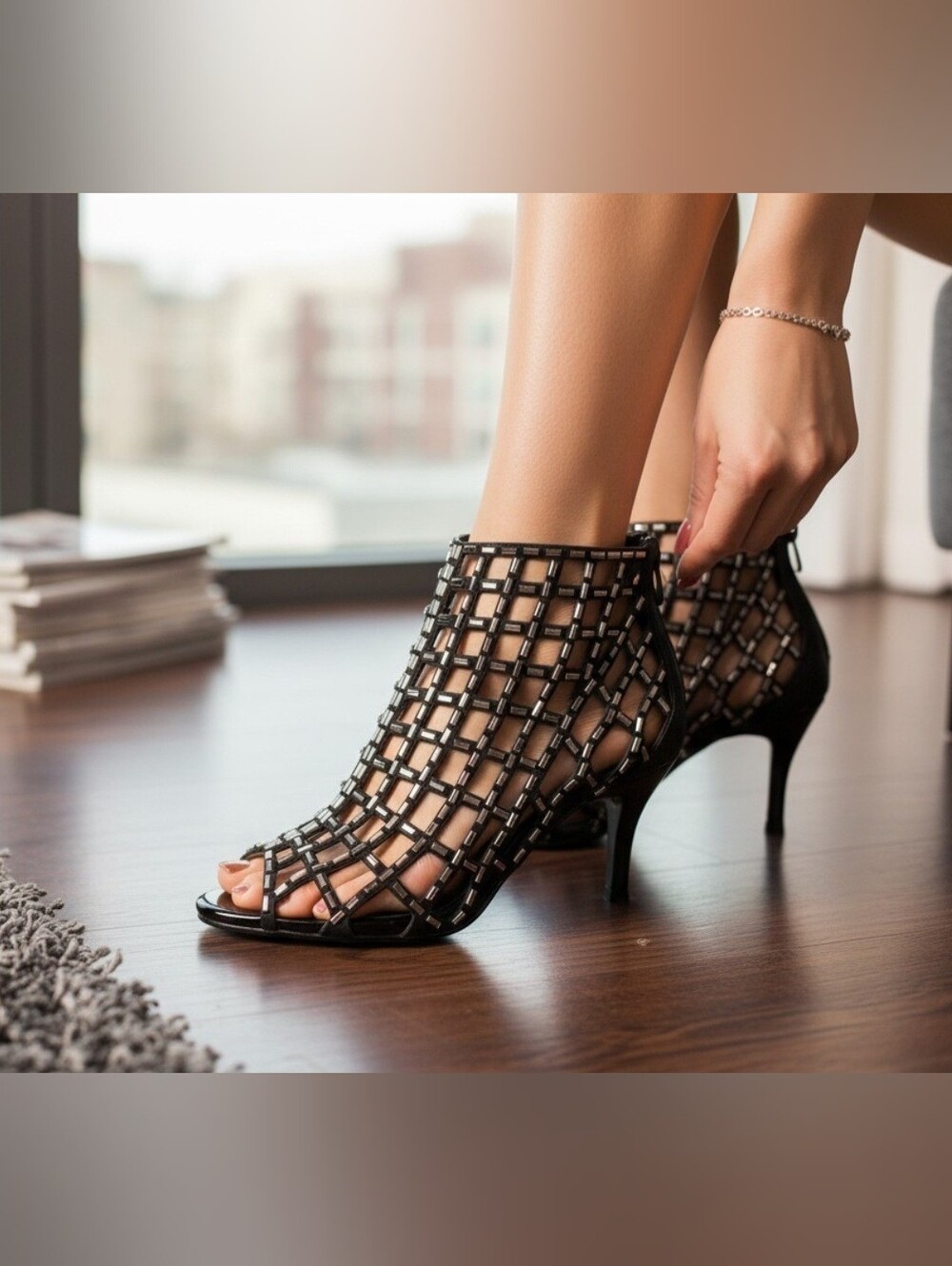 "Vobodoe" Women's Size 9.5(41) Black Caged Kitten Heel Metallic Stud Cutout Grid